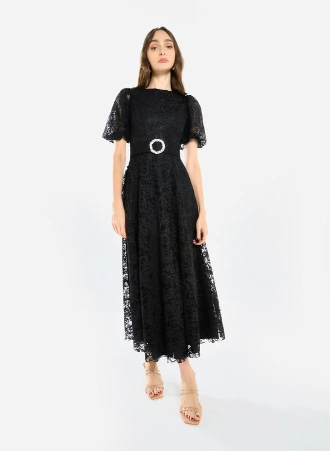 House of Moda Women Floral Lace Puff Sleeve Midi Dress